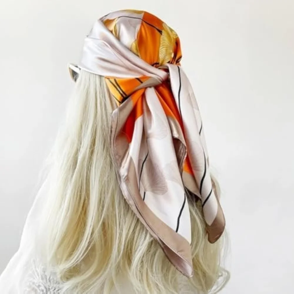 NWT Orange Cream Ginkgo Leaf Silky Satin Square Scarf Neck Scarf Headscarf 27.5
